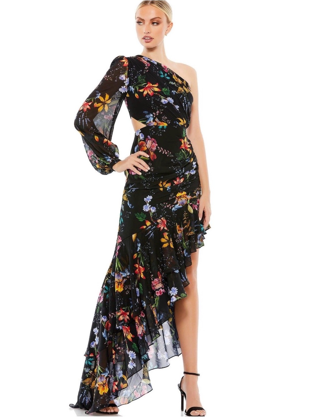 Mac Duggal 55668 Black Multi Floral One Shoulder lAsymmetric Gown